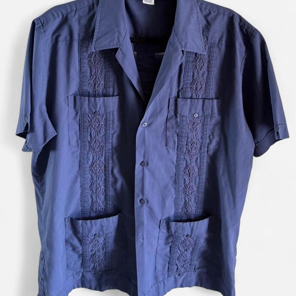 The Romani Collection Navy Guayabera Shirt – Vintage SIZE L